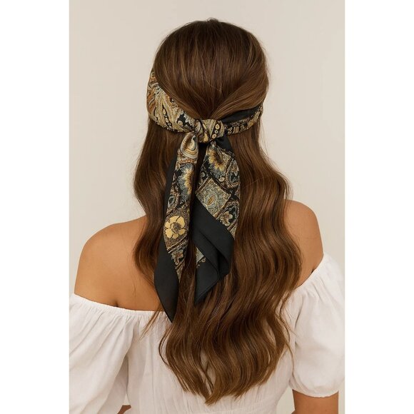 Paisley Floral Silk Scarf 27" Square Black Yellow Mint Accents Hand-Rolled - Picture 2 of 14